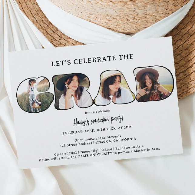 Simple black white 3 photos script graduation invitation (Creator Uploaded)