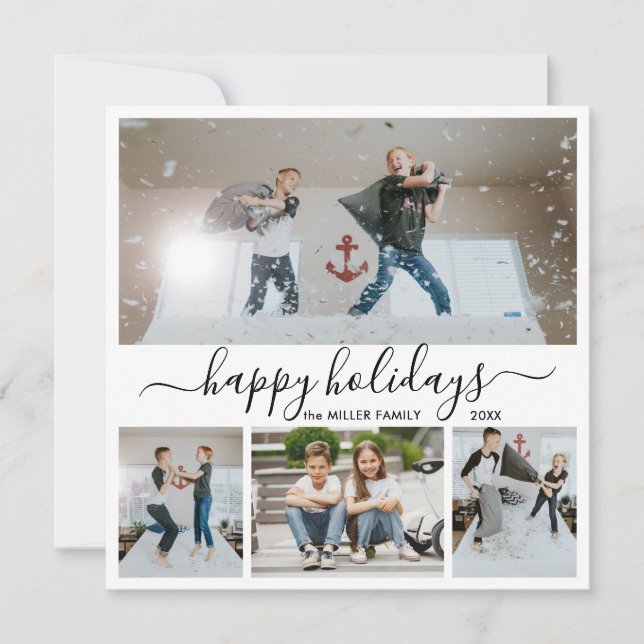 Simple Black White 4 Photo Collage Happy Holiday Card (Front)