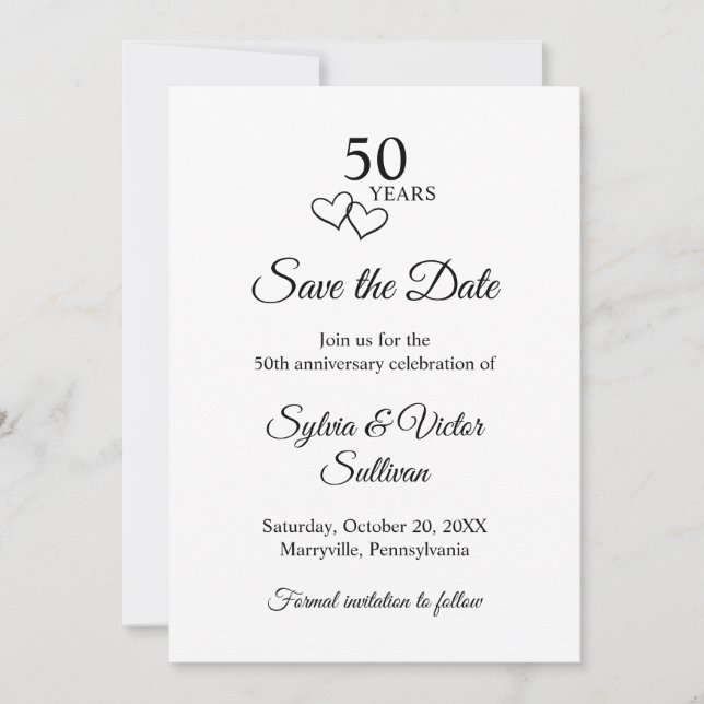 Simple Black & White 50th Wedding Anniversary Save The Date (Front)
