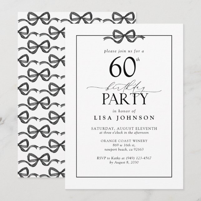Simple Black & White 60th Birthday Party Bow Invitation (Front/Back)