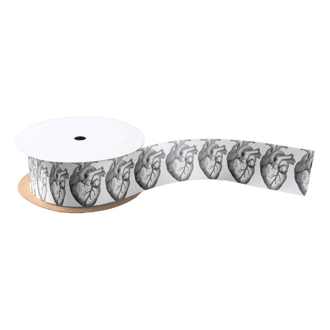 Simple Black White Anatomy Heart Illustration Satin Ribbon (Spool)