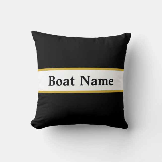 Simple Black White and Gold with Boat Name Cushion (Front)