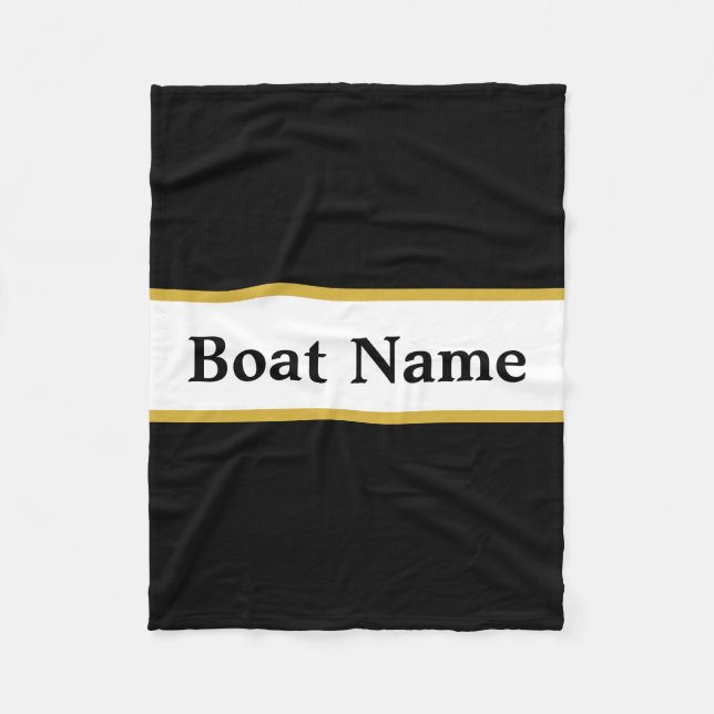 Simple Black White and Gold with Boat Name Fleece Blanket (Front)