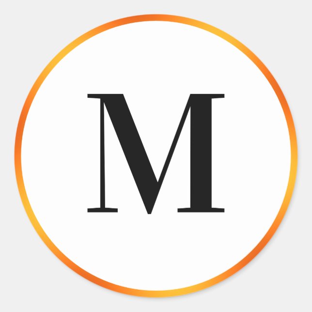 Simple  Black White and Orange Initial Monogram Classic Round Sticker (Front)