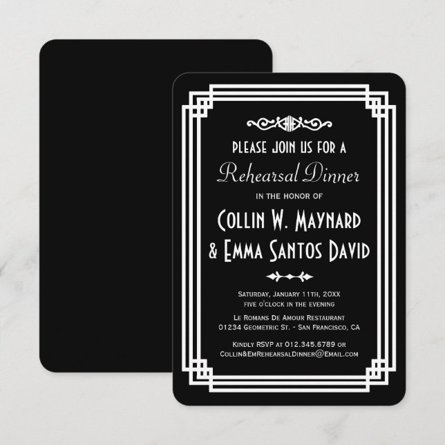 Simple Black & White Art Deco Rehearsal Dinner Invitation (Front/Back)