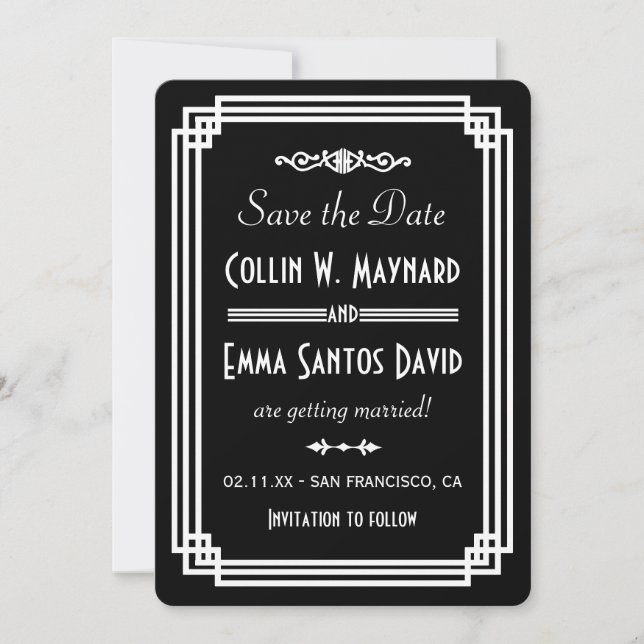Simple Black & White Art Deco Save The Date (Front)