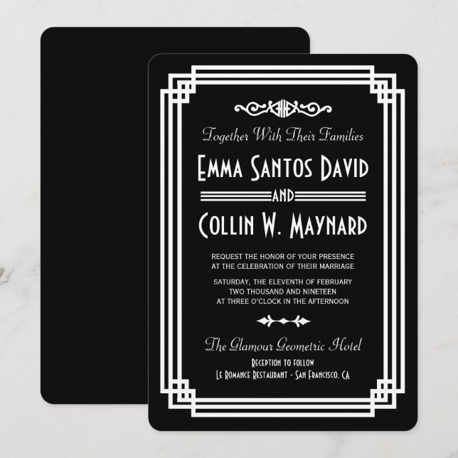 Simple Black & White Art Deco Wedding Invitations (Front/Back)