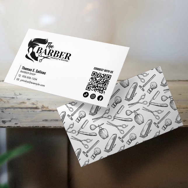 Simple Black White Barber Shop HairStylist QR Code Business Card (Creator Uploaded)