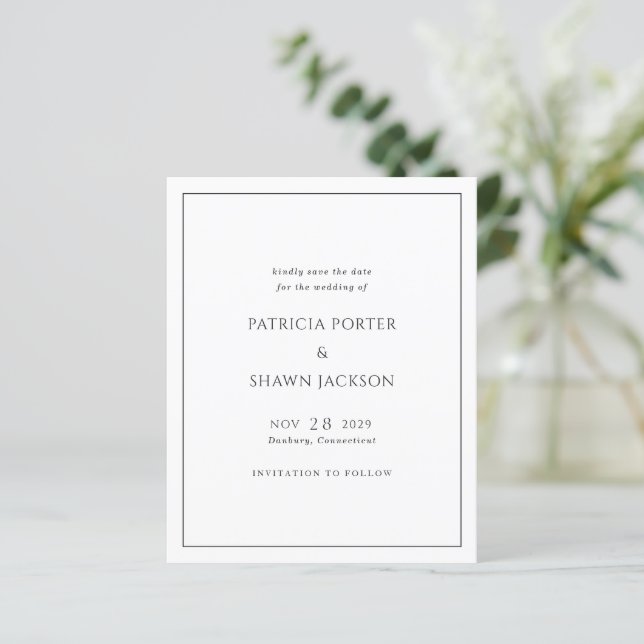 Simple Black White Budget Wedding Save the Date (Standing Front)