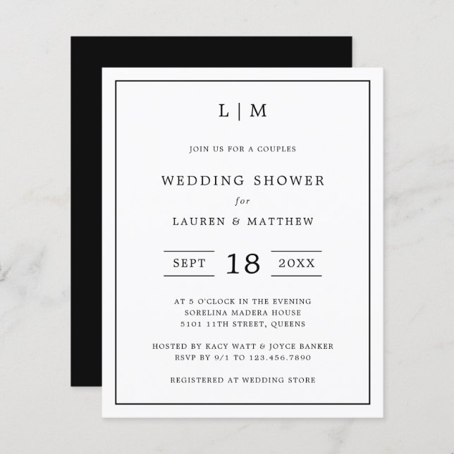 Simple Black White Budget Wedding Shower Invite (Front/Back)
