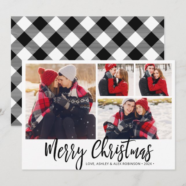 Simple Black White Buffalo Plaid 4 Photo Collage  Holiday Card (Front/Back)