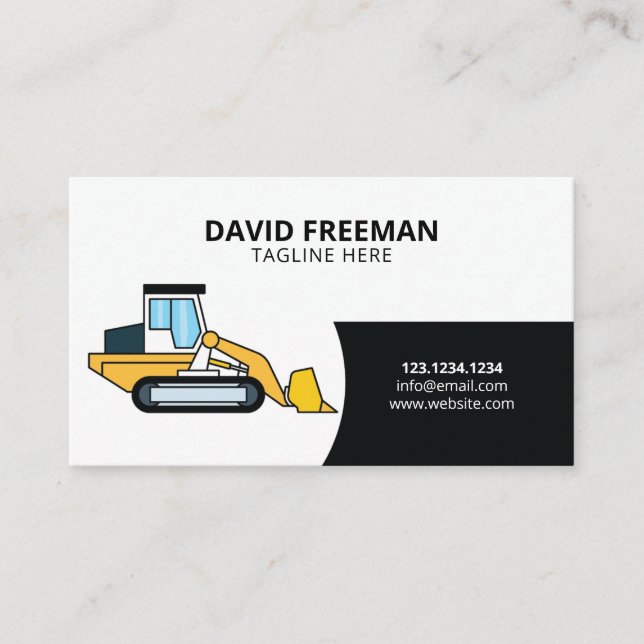 Simple Black & White Bulldozer Construction Business Card (Front)