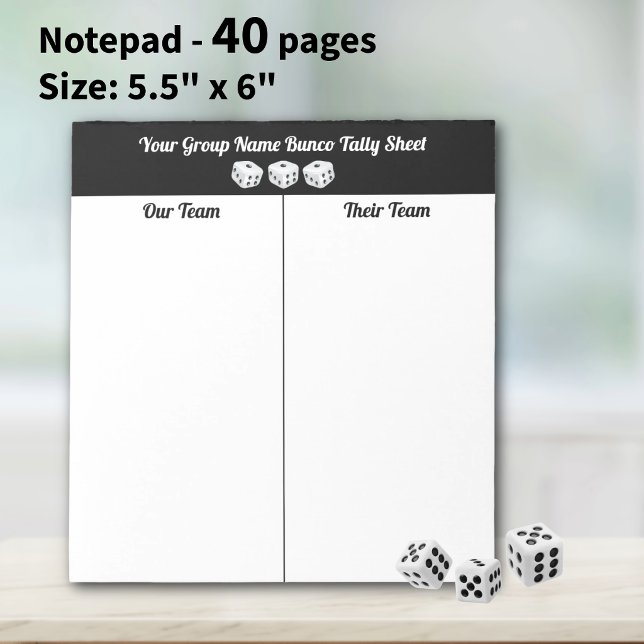 Simple Black White Bunco Dice Table Tally Notepad (Fun Bunco tally sheet notepad, 40 tear-off pages for easy scoring, tracking wins, and game nights!!.)