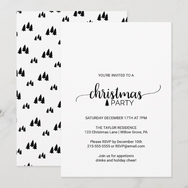 Simple Black & White Calligraphy Christmas Party Invitation (Front/Back)