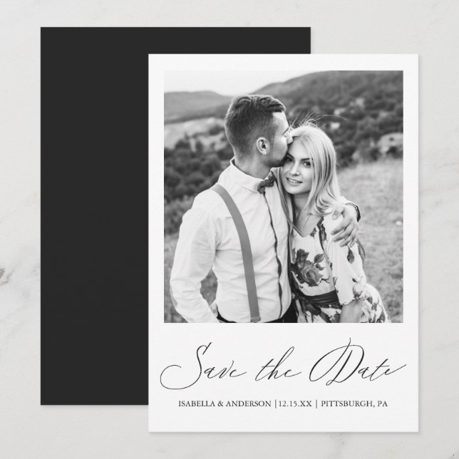 Simple Black White Calligraphy Photo Save The Date (Front/Back)