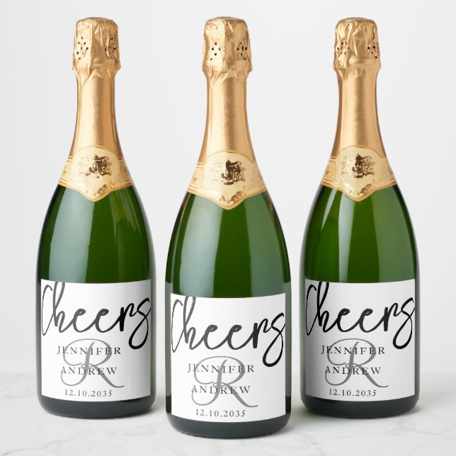 Simple Black & White Calligraphy Script  Sparkling Wine Label (Bottles)