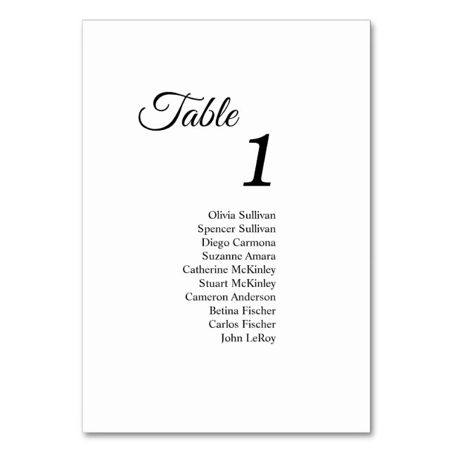 Simple Black White Calligraphy Table Number Guests (Back)