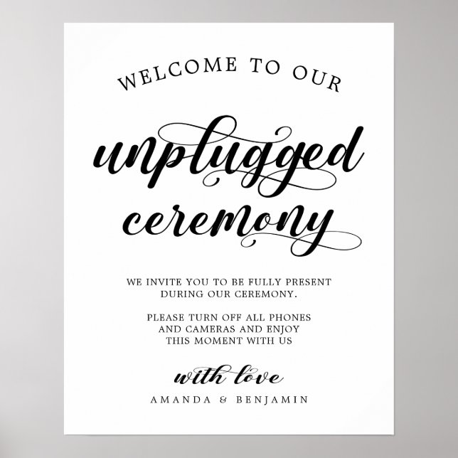 Simple Black & White Calligraphy Unplugged Wedding Poster (Front)