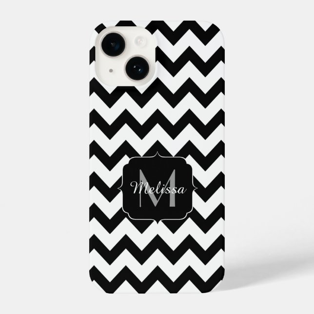 Simple black white chevron pattern lines Monogram iPhone Case (Back)