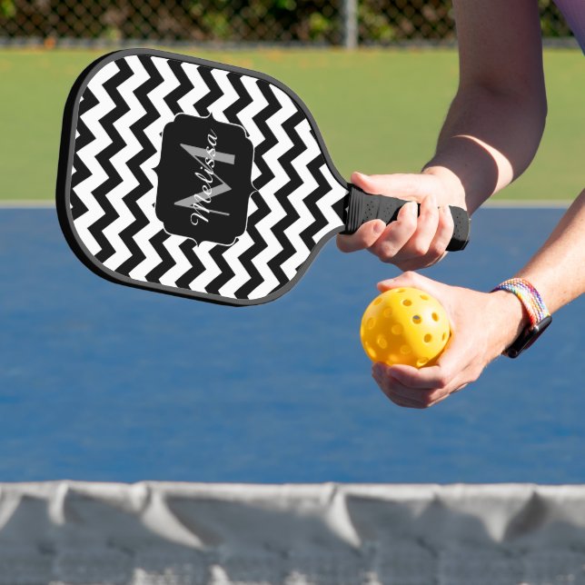 Simple black white chevron pattern lines Monogram Pickleball Paddle (Insitu)