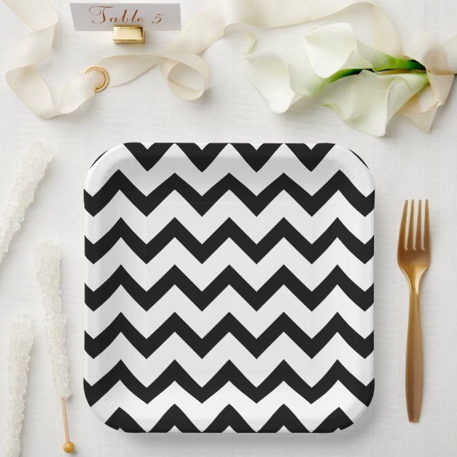 Simple black white chevron pattern lines retro paper plate (Wedding)