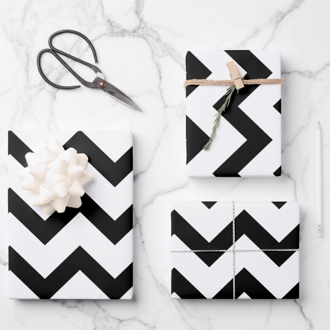 Simple black white chevron pattern lines retro wrapping paper sheet (Front)