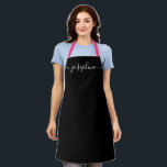 Simple Black White Chic Elegant Name Script Apron<br><div class="desc">She'll love a personalised apron as she bakes those goodies,  cooks delicious dishes or work with her plants. A perfect gift to encourage her talents. Black script for the name with long-tail embellishments on black.</div>