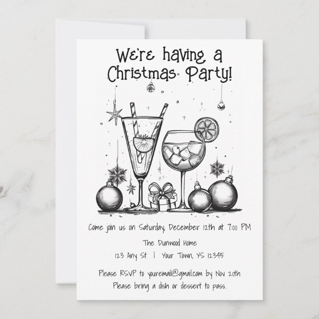 Simple Black & White Christmas Party Invitation (Front)