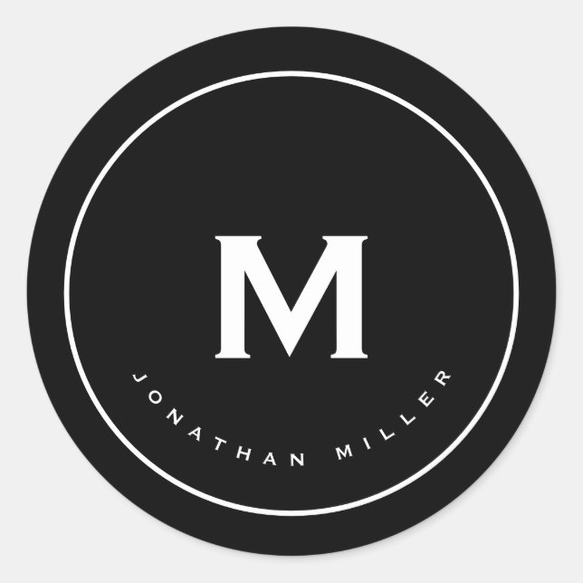 Simple Black White Classic Monogram Round Sticker (Front)