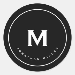 Simple Black White Classic Monogram Round Sticker