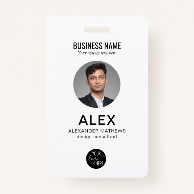 Simple Black White Company Logo Photo ID Barcode ID Badge (Front)