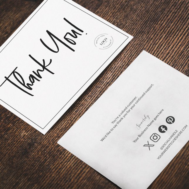 Simple Black White Company Logo Social Thank You  (Customizable business logo, social handle, website and message thank you flat card.)