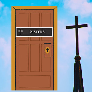 Simple Black White Cross Outline Church Bathroom Door Sign