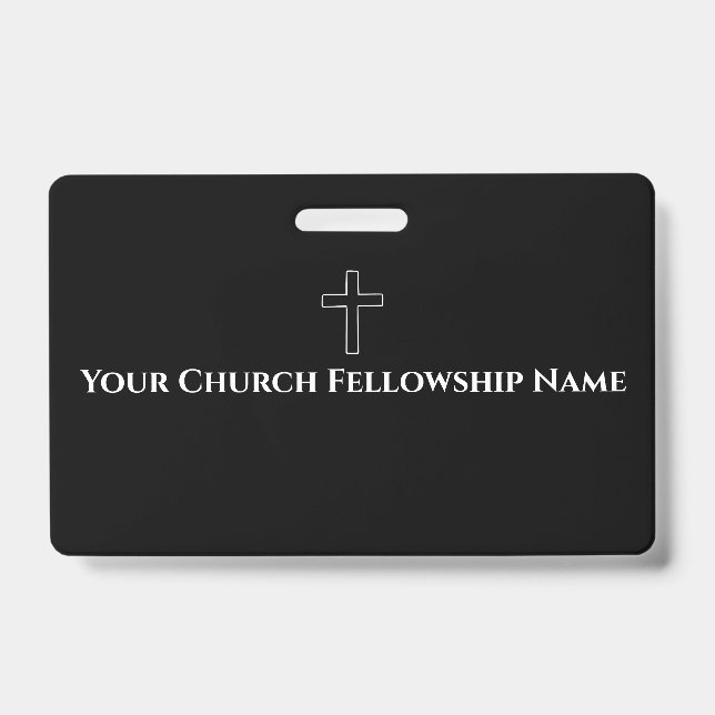 Simple Black White Cross Outline Church  ID Badge (Front)