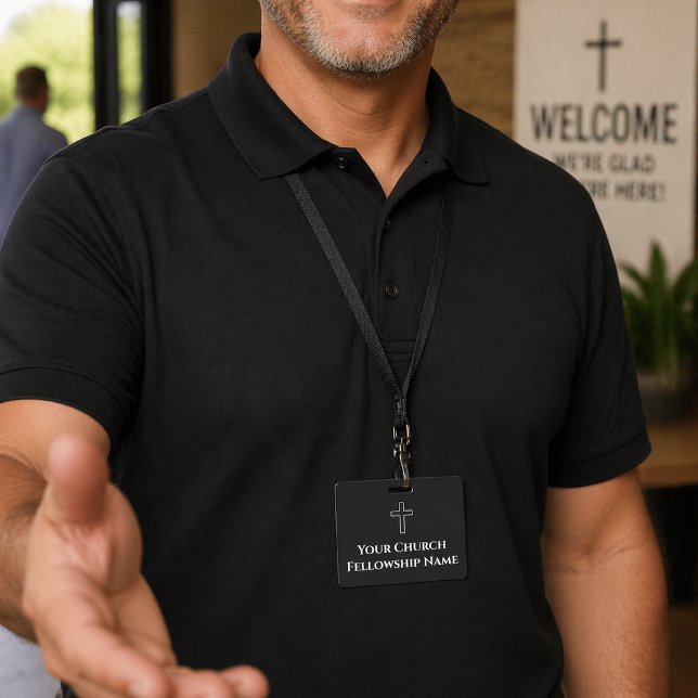 Simple Black White Cross Outline Church  ID Badge (Creator Uploaded)
