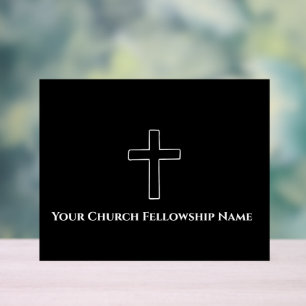 Simple Black White Cross Outline Church Pastor Acrylic Sign