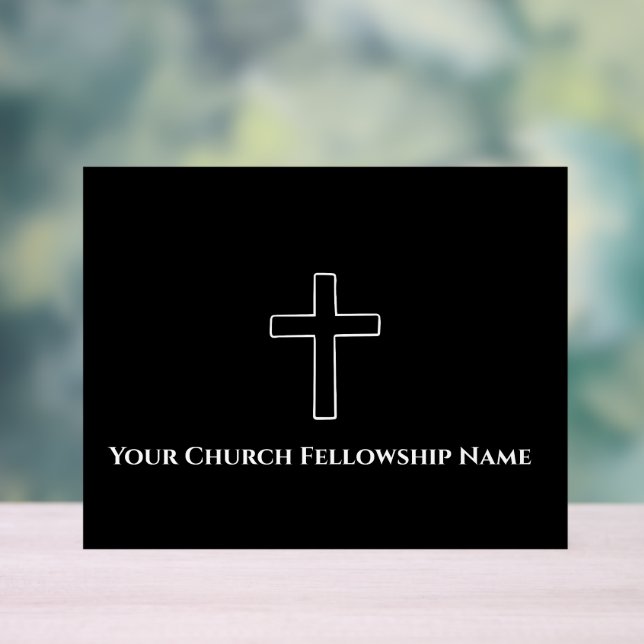 Simple Black White Cross Outline Church Pastor Acrylic Sign (Neutral)