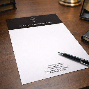 Simple Black White Cross Outline Church Pastor Custom Letterhead