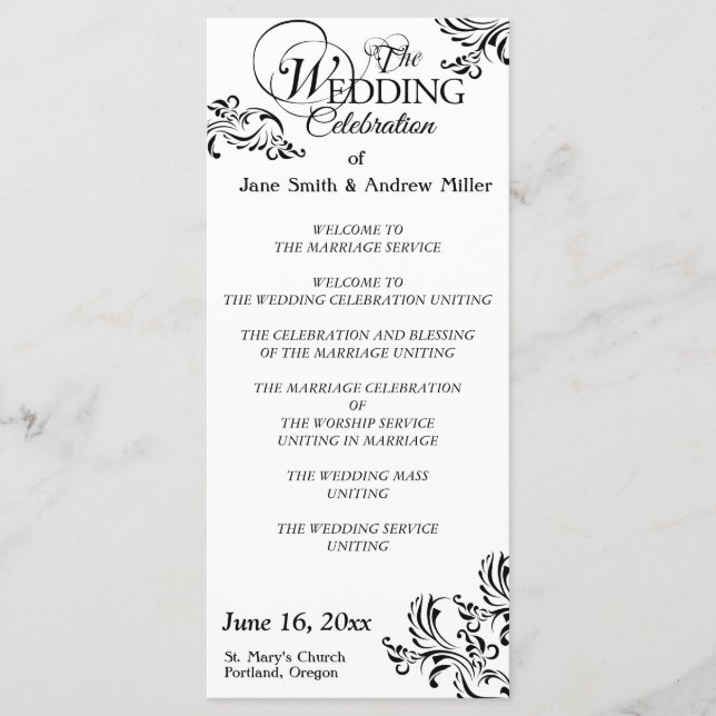 Simple black & white damask Wedding Programs Programme (Front)