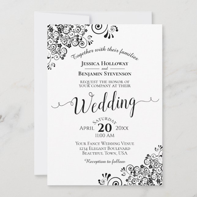 Simple Black & White Decorative Corners Wedding Invitation (Front)