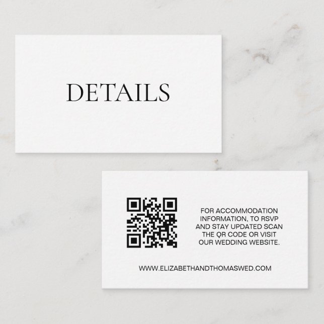 Simple Black white Details Wedding website QR code Enclosure Card (Front/Back)