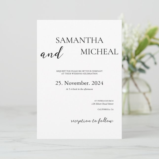 Simple Black & White Elegant Minimalist Wedding Invitation (Standing Front)