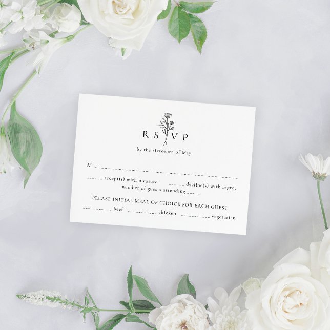 Simple Black & White Floral Horizontal Wedding RSVP Card (Creator Uploaded)