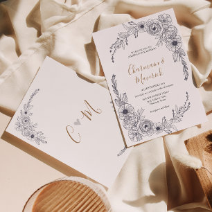 Simple Black & White Floral Monogram heart Wedding Invitation