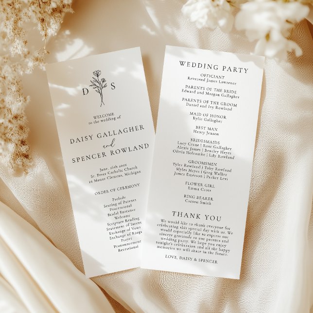Simple Black & White Floral Monogram Tall Wedding Programme (Creator Uploaded)