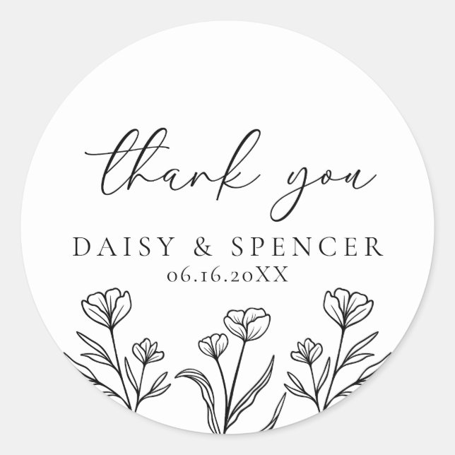 Simple Black & White Floral Wedding Favour Classic Round Sticker (Front)
