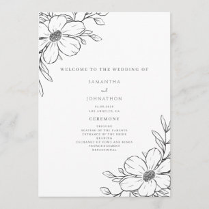 Simple Black White Floral Wedding  Programme