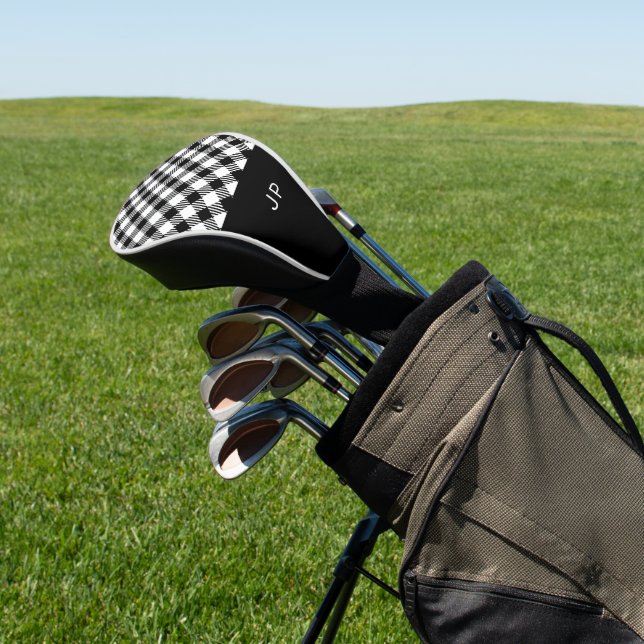 Simple Black White Gingham Plaid Initials Golf Head Cover (In Situ)