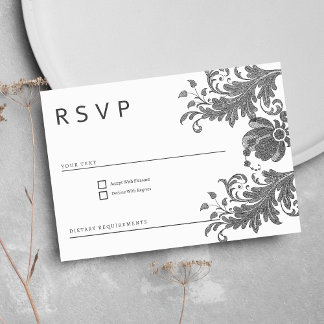 Simple black white glitter floral lace RSVP Invitation