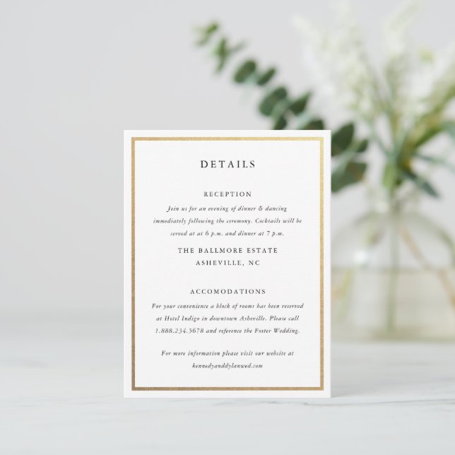 Simple Black & White Gold Elegant Wedding Details Enclosure Card (Standing Front)